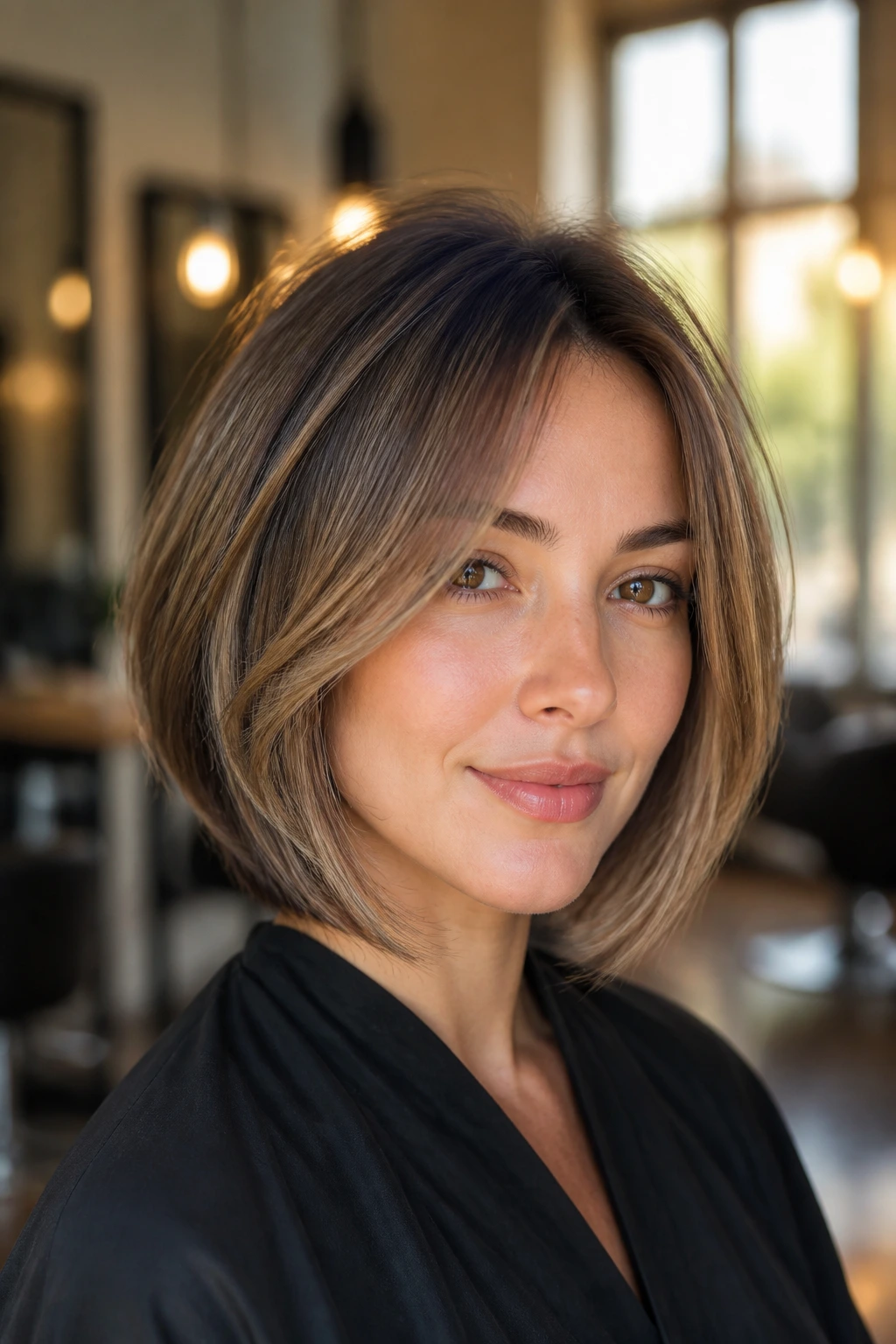 Close-up of a real woman with a face-framing bob and balayage highlights in warm window light