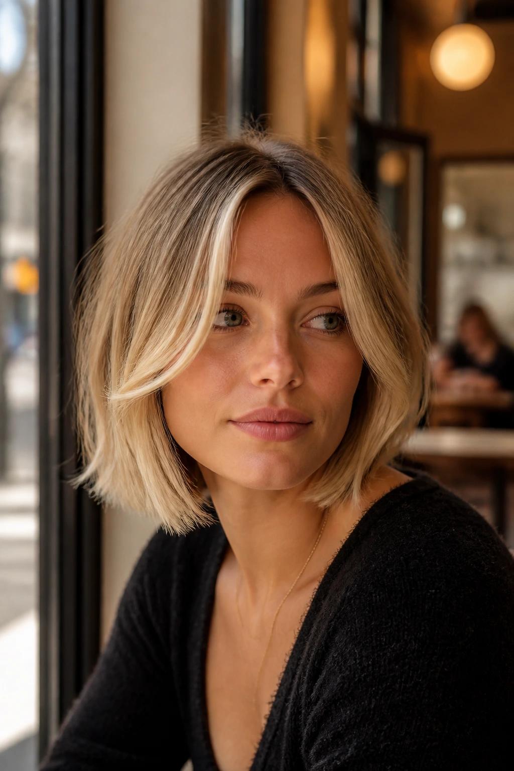 Close-up of a woman with a face-framing blonde French girl bob near a cafe window.