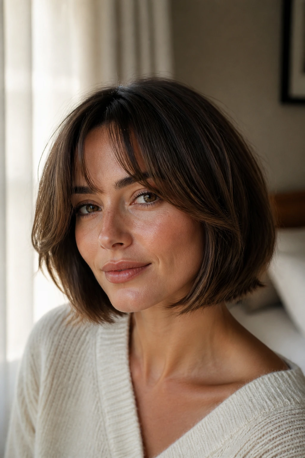 Portrait of a woman with a face-framing bob and curtain bangs by a window