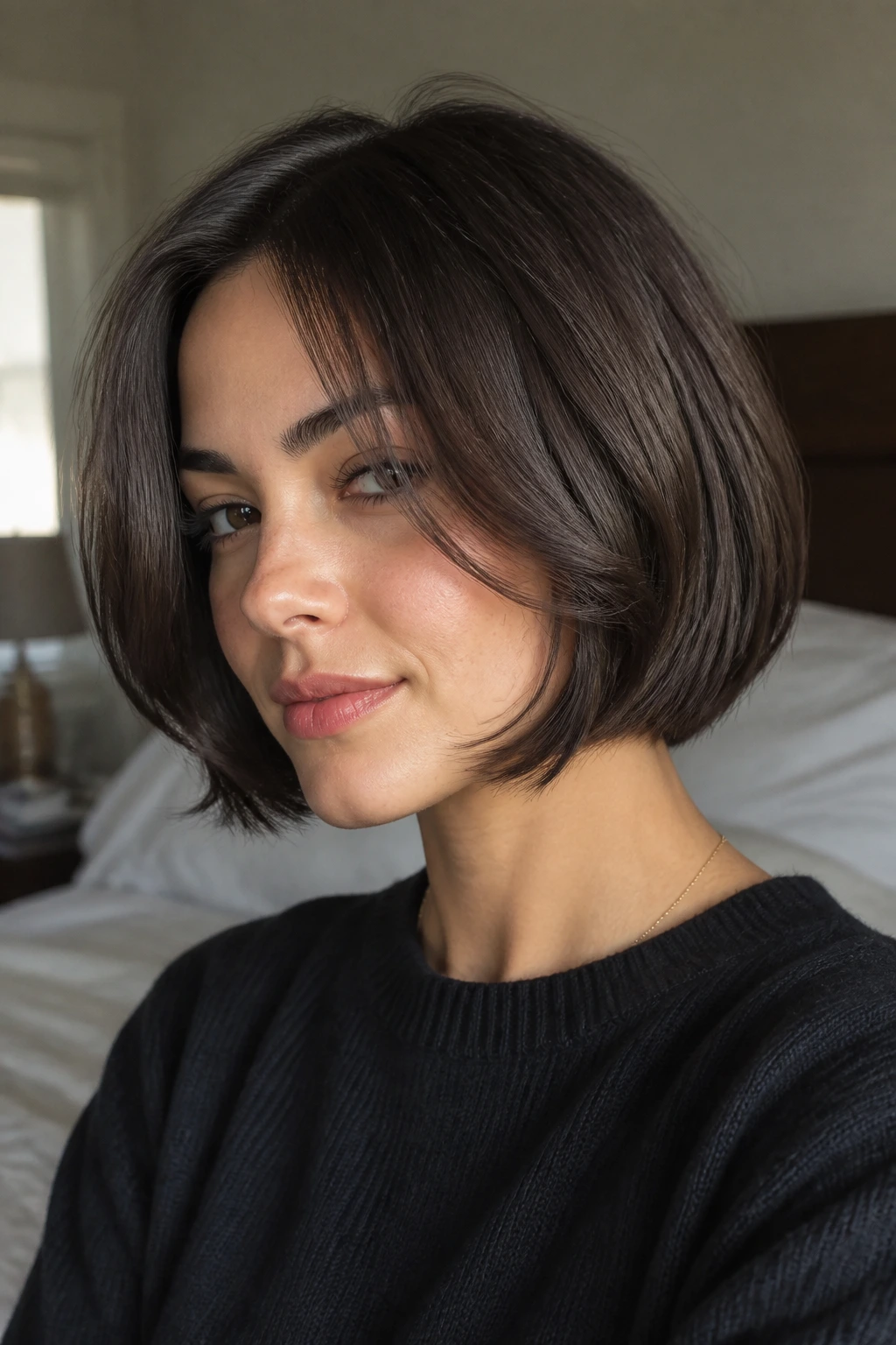 Close-up of a real woman with soft face-framing bob highlighting cheekbone framing in natural light.