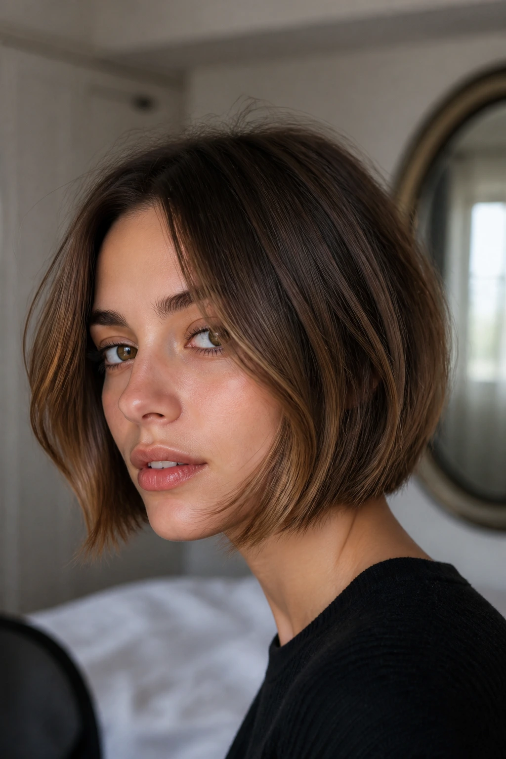 Close-up of a woman with a face-framing French bob and longer front pieces