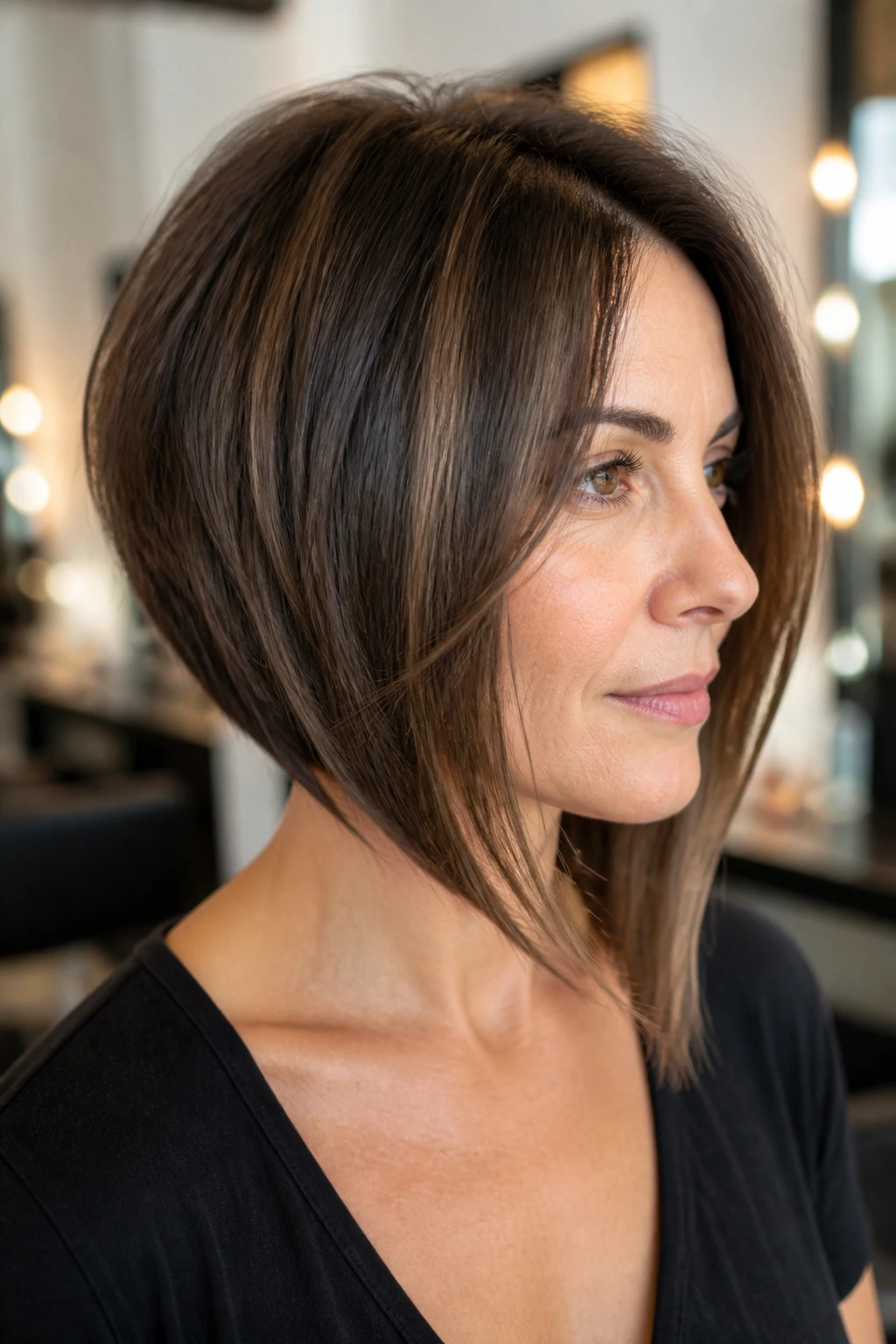 Close-up portrait of a real woman with a face-framing layered asymmetrical bob in a salon.