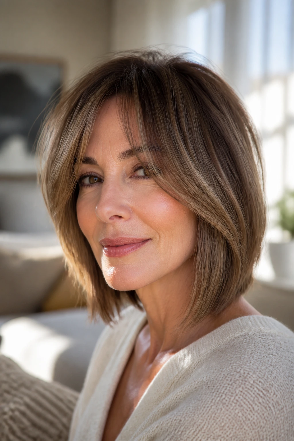 Close-up portrait of a real woman with face-framing long-layered fringe bob in daylight living room