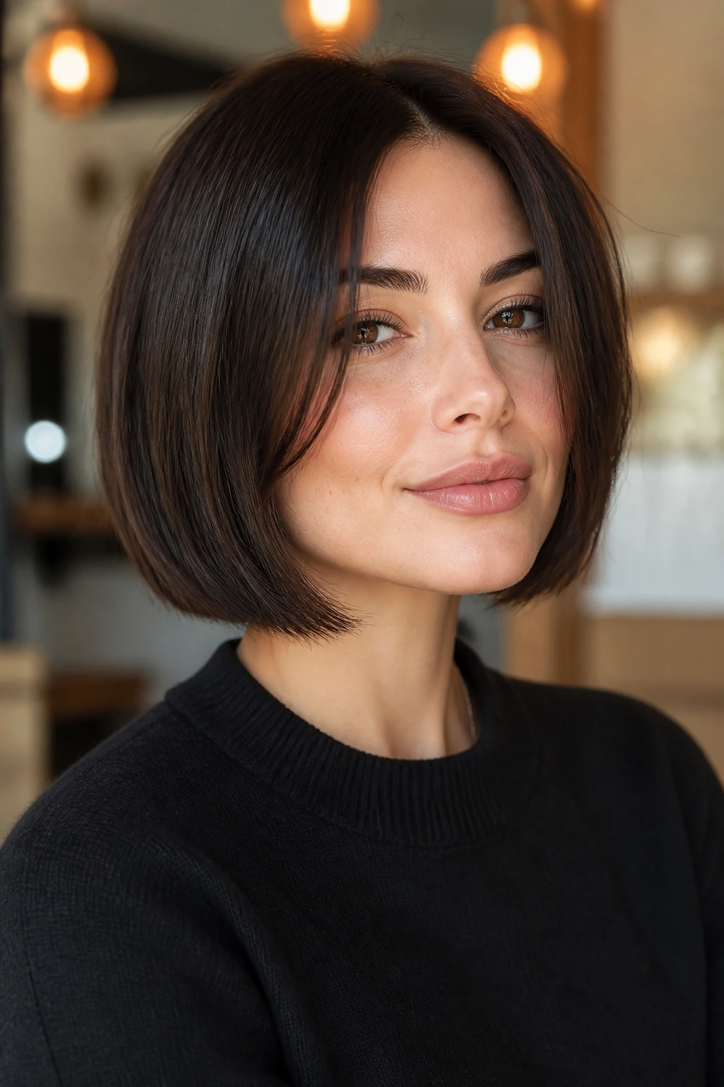 Close-up portrait of a real woman with face-framing bob for oval face