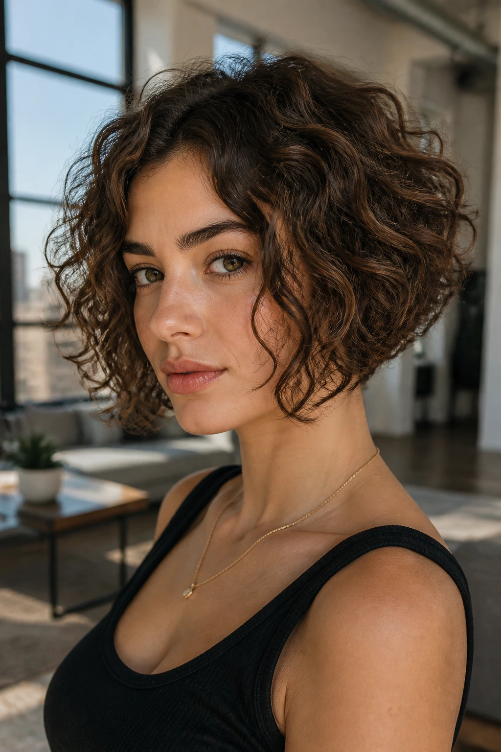 Portrait of woman with face-framing bob highlighting front pieces around cheeks