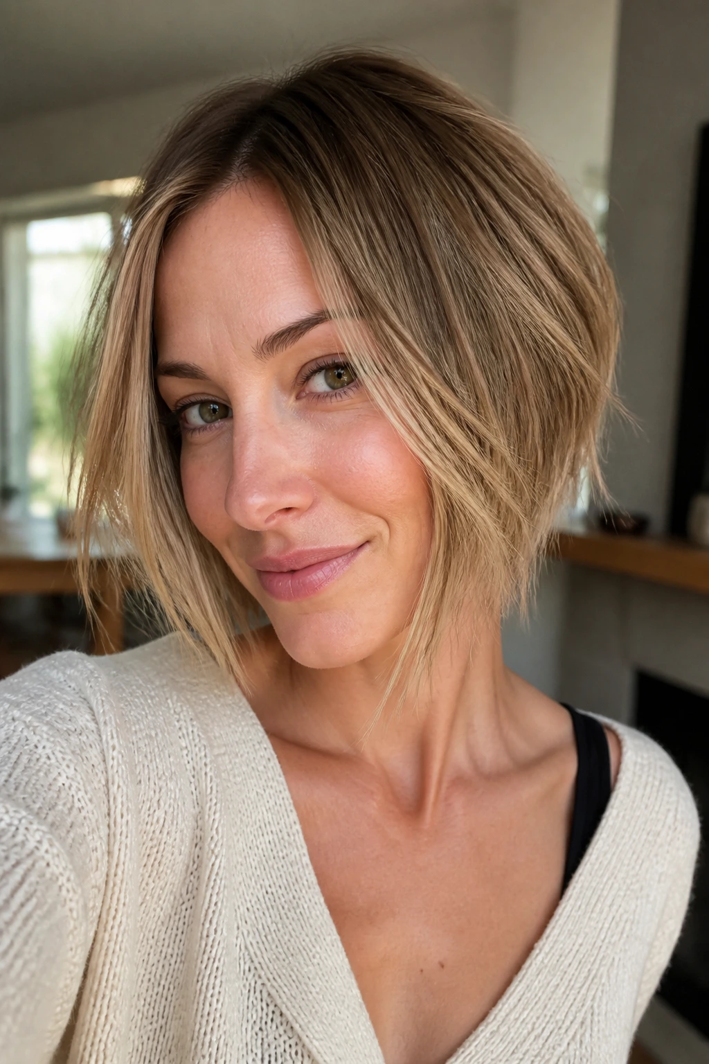 Portrait of a real woman with a face-framing bob and longer front pieces