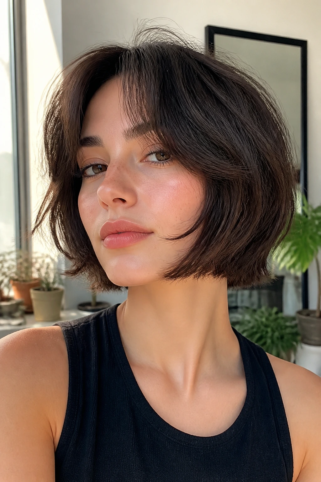 Close-up of real woman with chin-length face-framing bob shag
