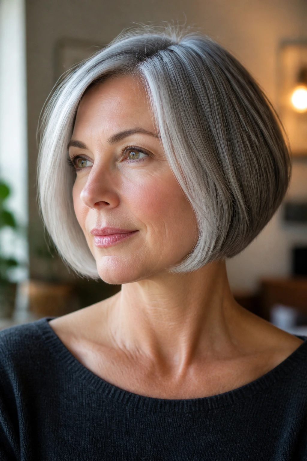 Close-up of a real woman with a silver-gray face-framing bob, cheekbone-length front pieces and soft jawline layers.