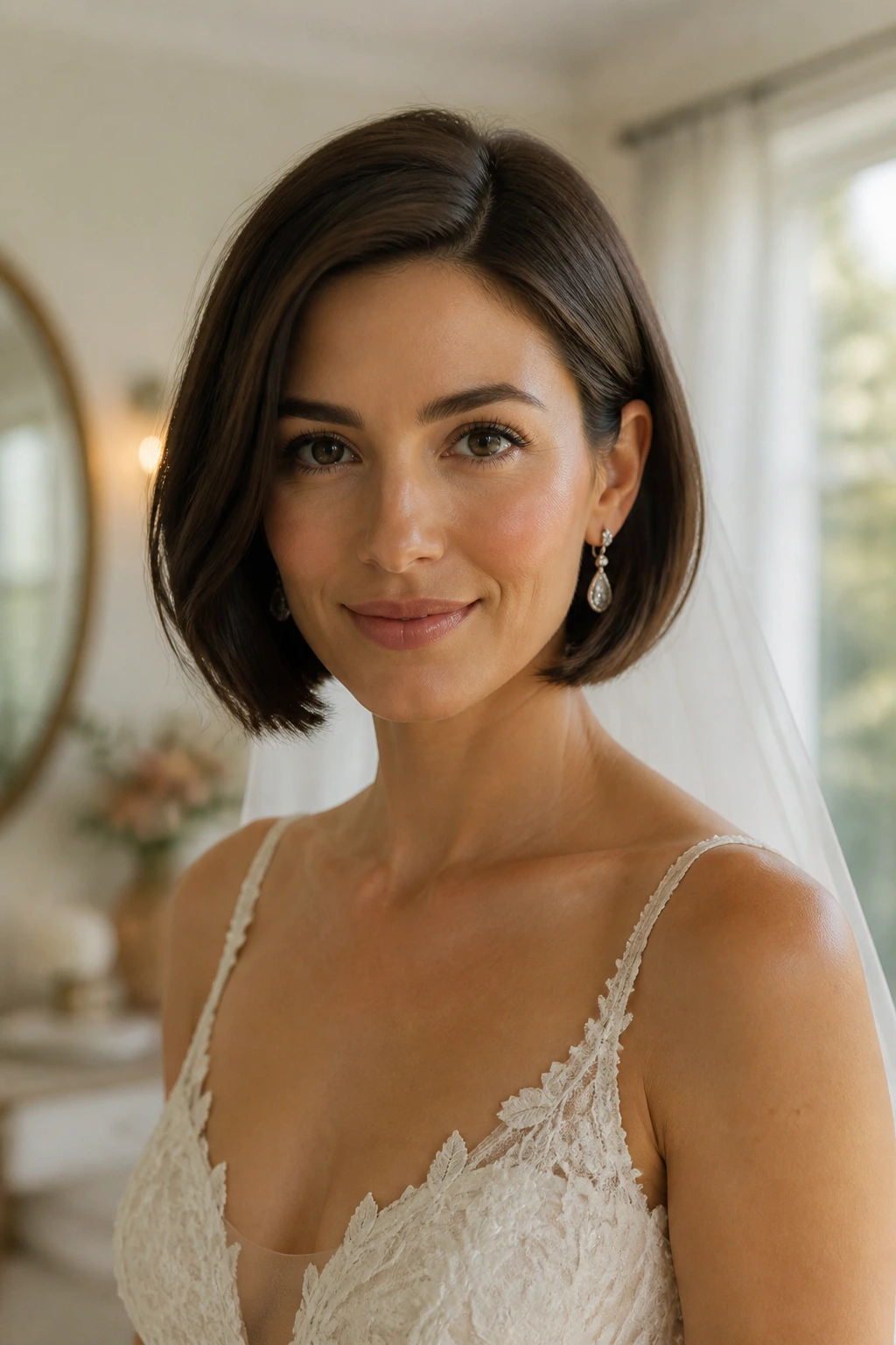 Real bride with a chin-length bob showing face-framing benefits in a bright bridal suite.