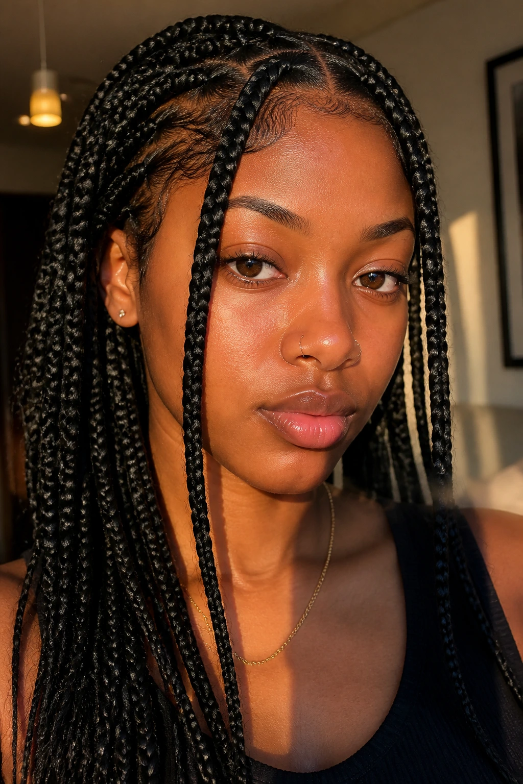 Close-up portrait of a real woman with face-framing box braids around the cheeks