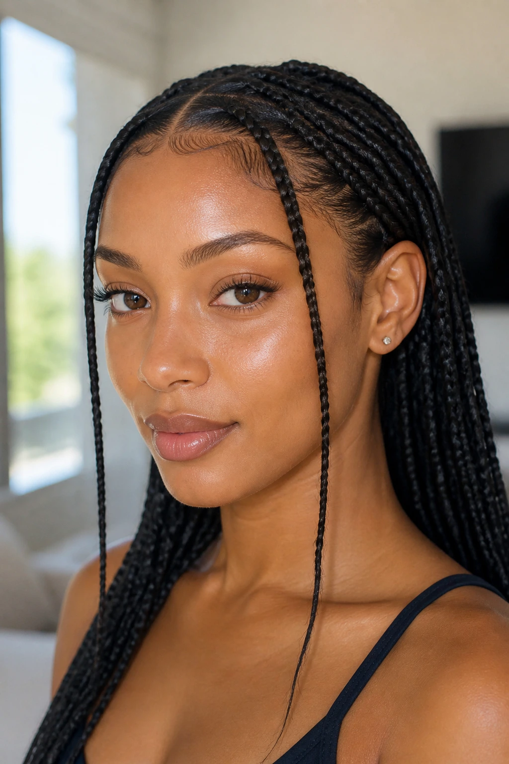 Real woman with face-framing front braids tucked behind the ear