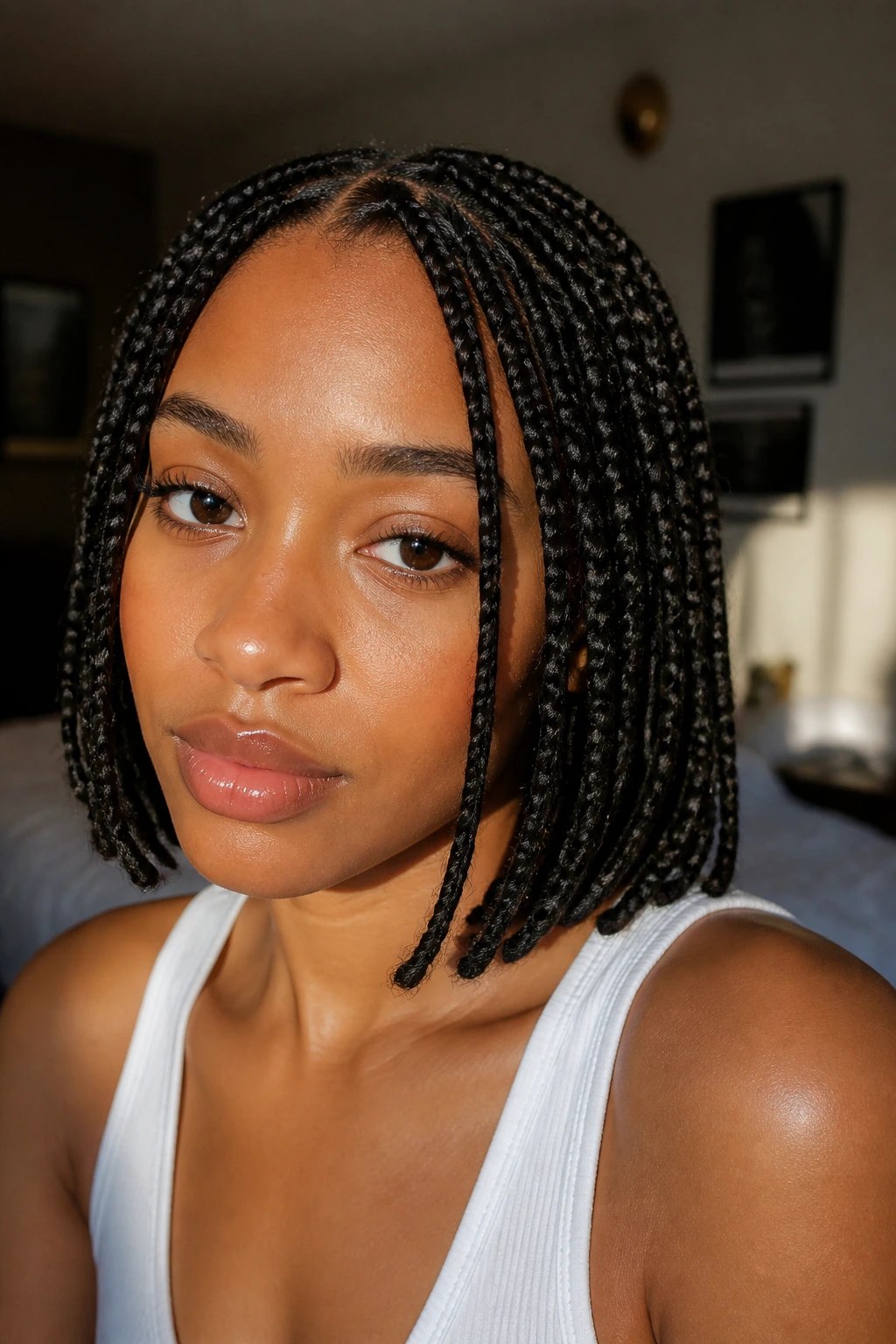 Close-up of a real woman with face-framing box braids around the cheeks in a center part