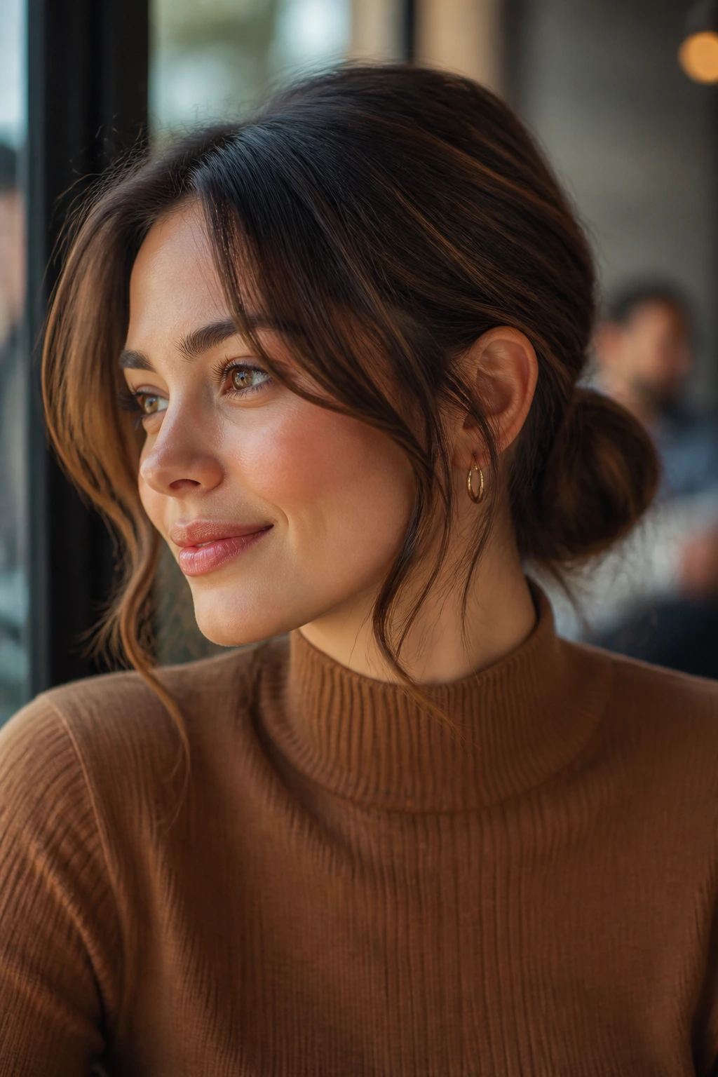 Close-up of a woman with face-framing pieces around a low bun in daylight