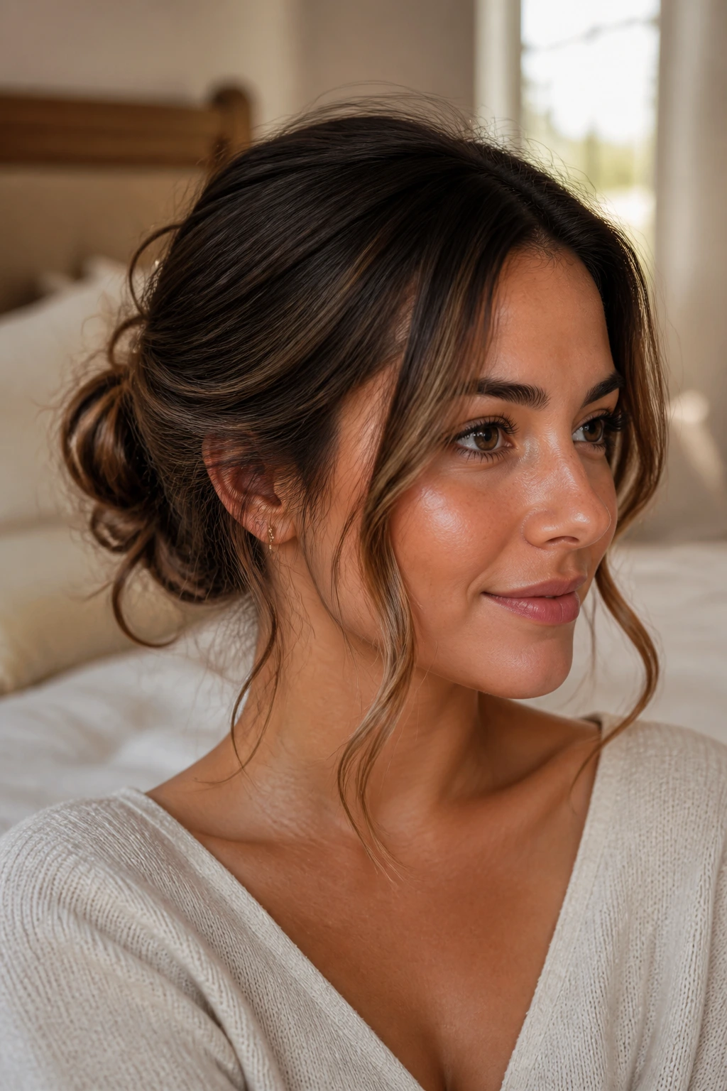 Close-up portrait of a real woman with face-framing loose bun at the back
