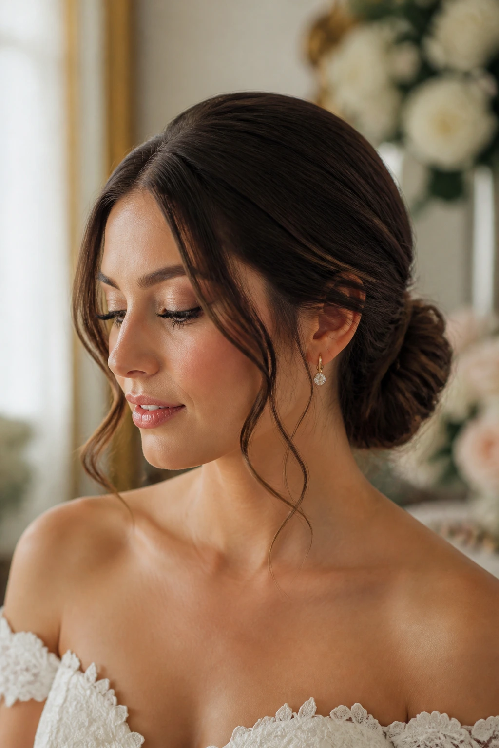 Close-up of a real bride wearing a face-framing tendril bun with tendrils along the cheeks.