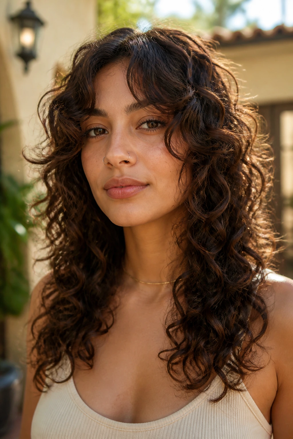 Portrait of a woman with face-framing butterfly layers around the face