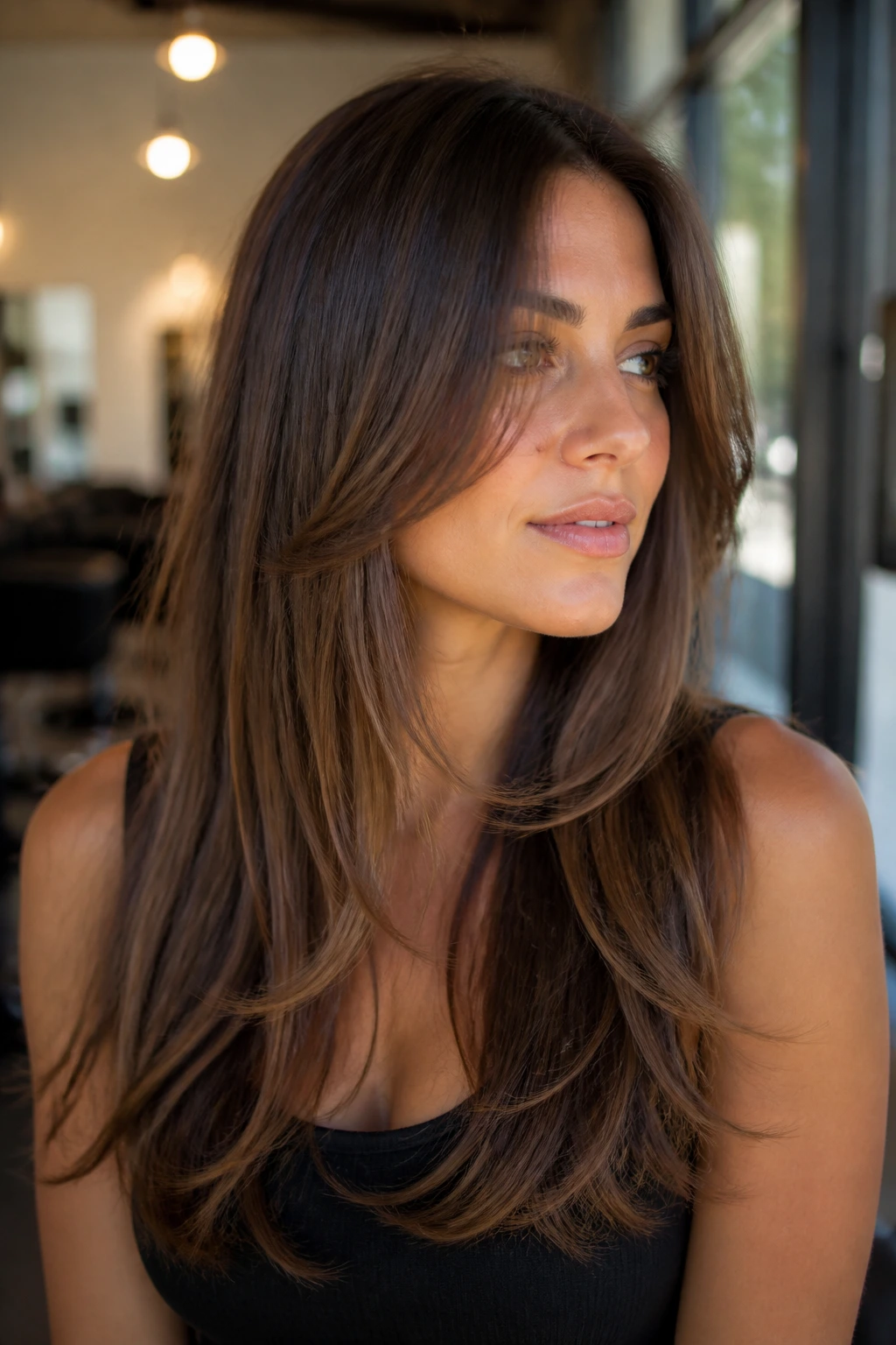 Portrait of a woman with face-framing cascade around the chin