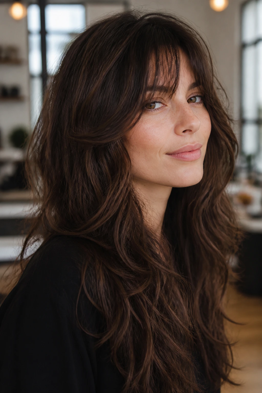 Portrait of a woman with low-layer face-framing cascade and soft bangs.