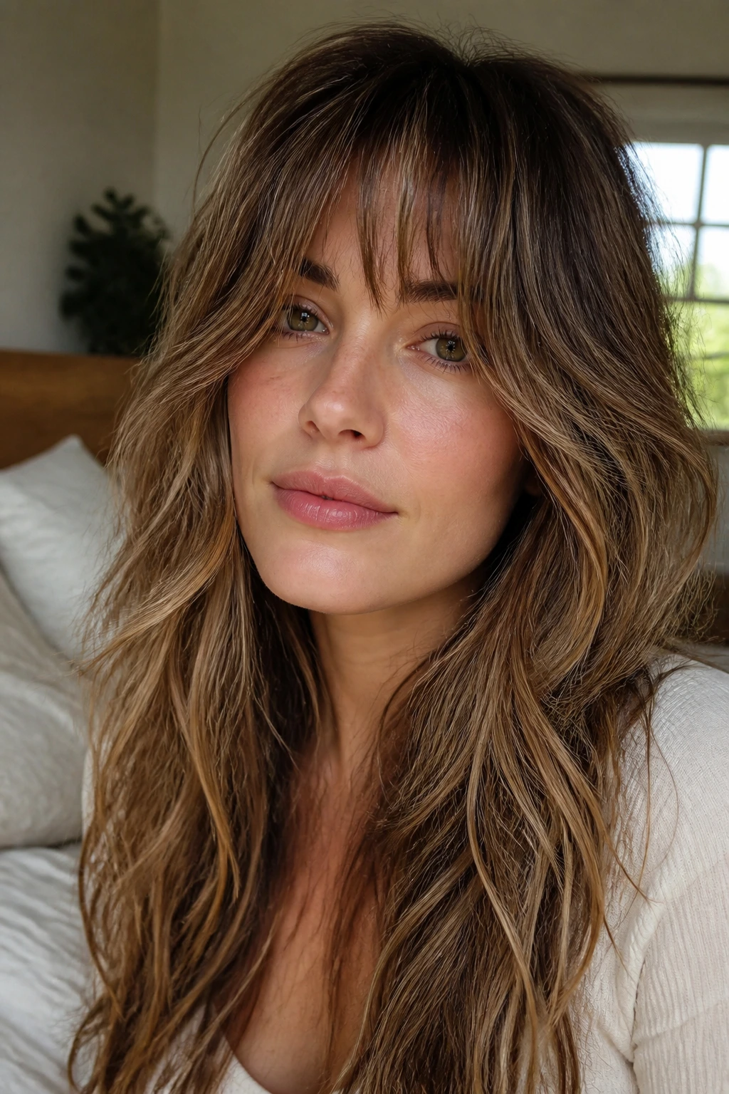Close-up of a real woman with face-framing cascade and razor-cut bangs on wavy hair in a softly lit bedroom