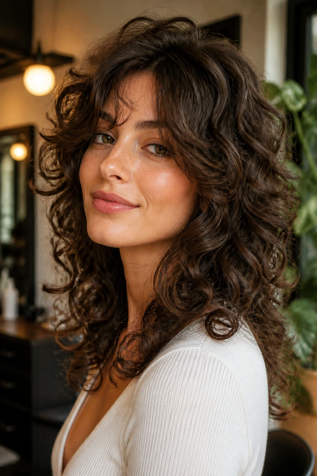 Three-quarter portrait of face-framing cascade shag on a real person
