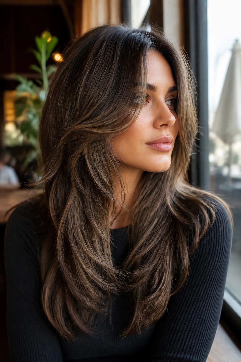 Close-up portrait of a real woman with face-framing cascade shag at a sunlit cafe