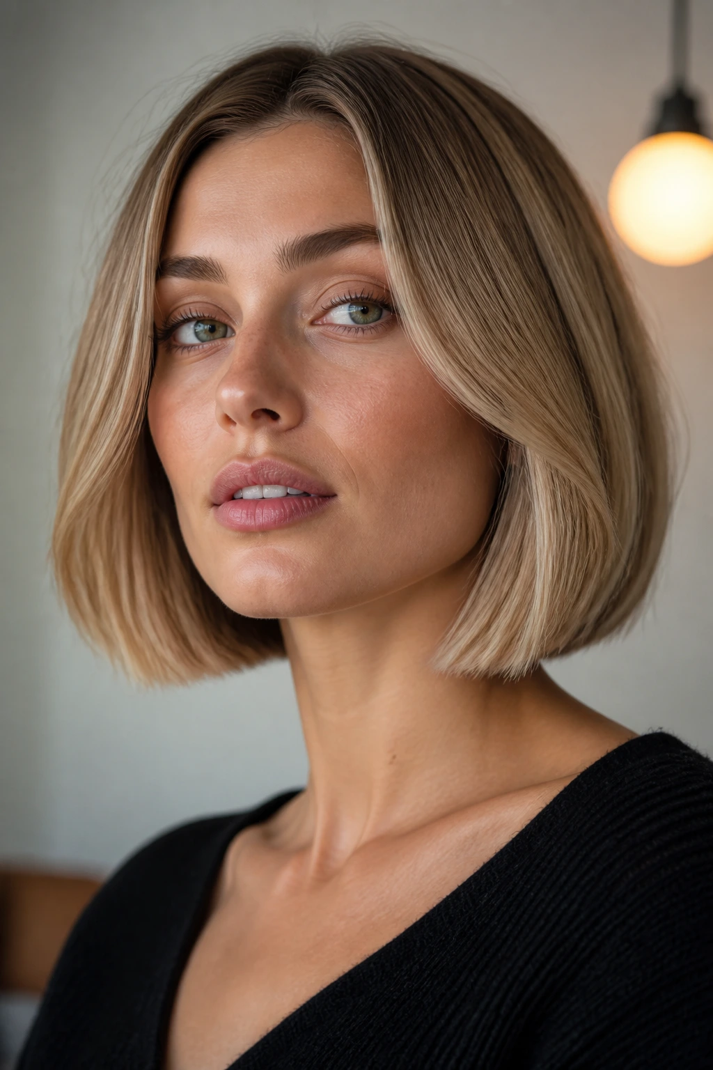 Close-up portrait of a real person with cheekbone-framing lob