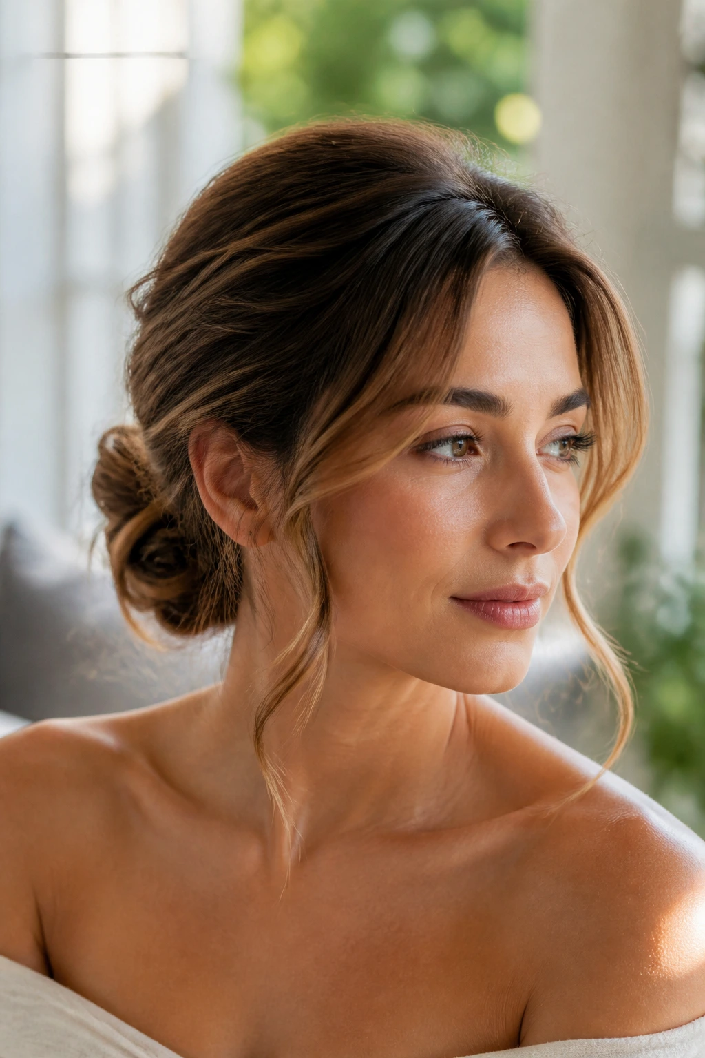 Close-up of a real woman wearing a face-framing chignon with loose front pieces framing the face.
