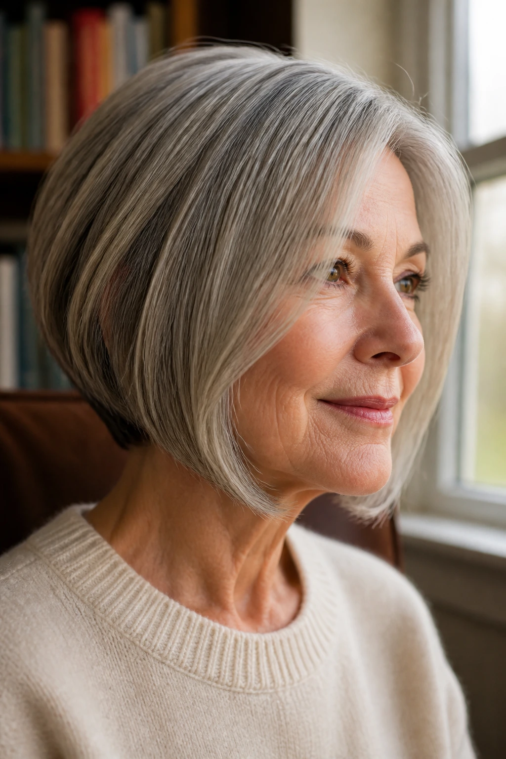 Close-up portrait of a real woman with a face-framing chin bob; front pieces frame the cheeks.