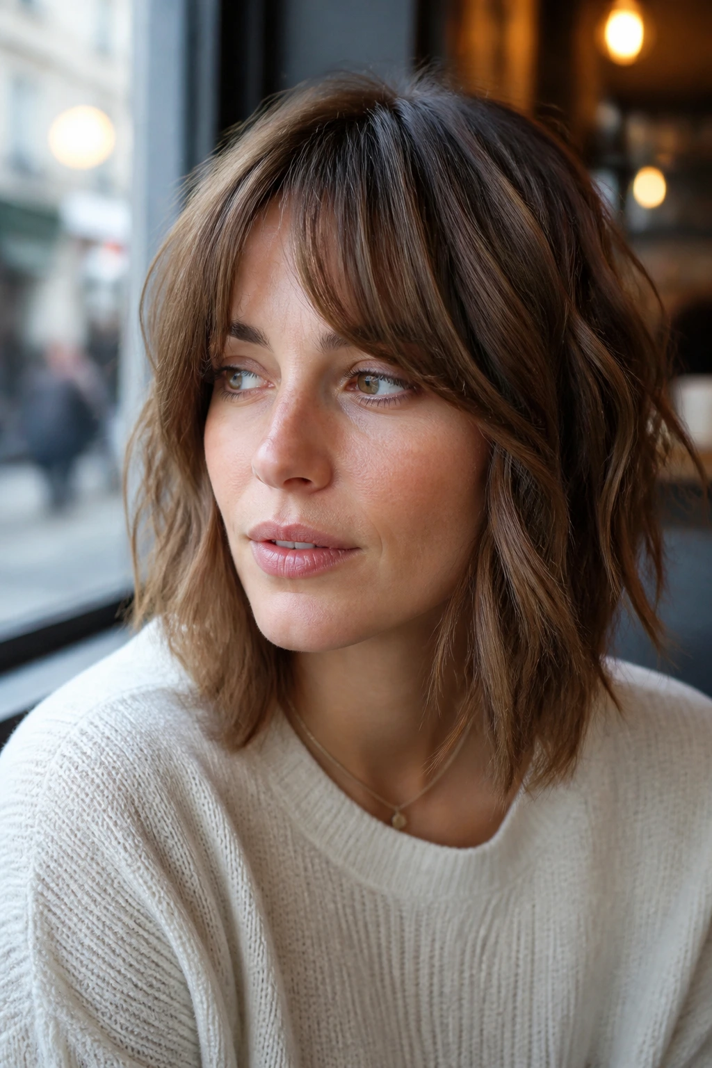Portrait of a woman with bottleneck bangs and face-framing chop, shoulder-length hair