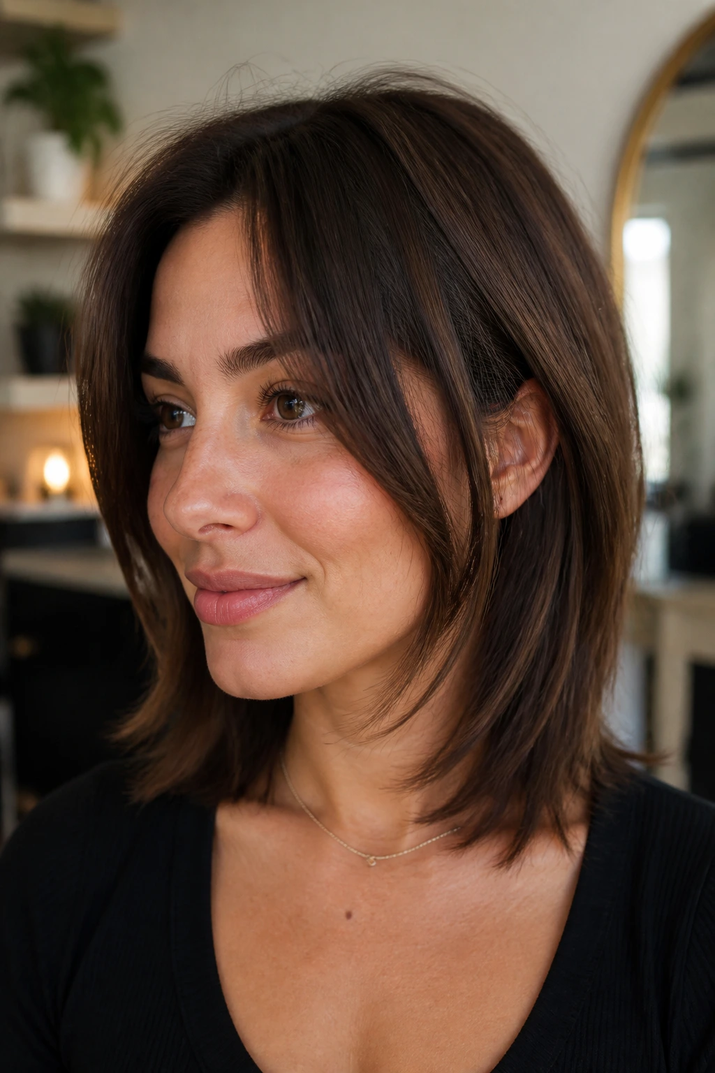 Close-up portrait of a real woman with face-framing chop growing-out layers