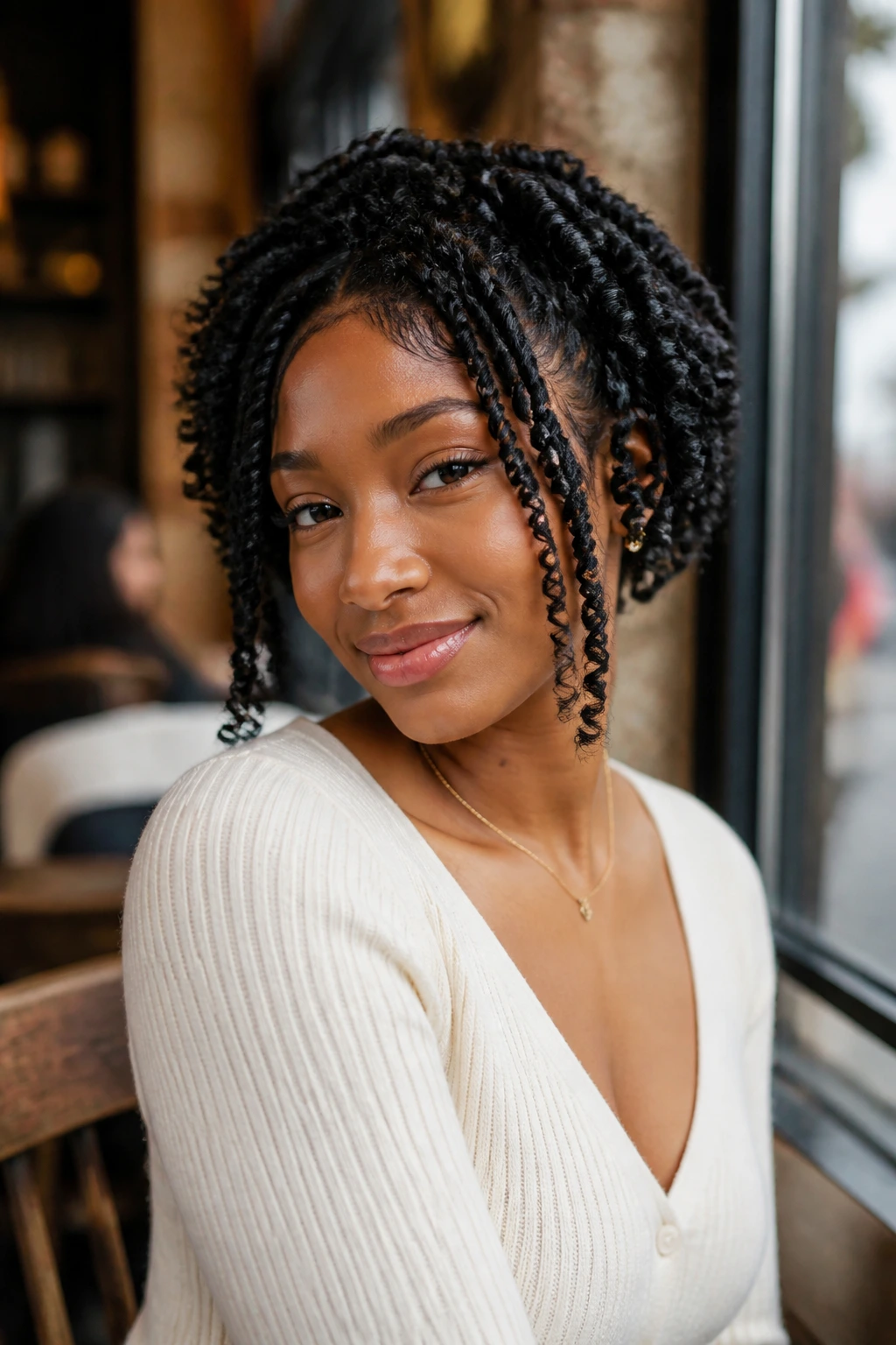 Portrait of a woman with coils around the face framing her features.