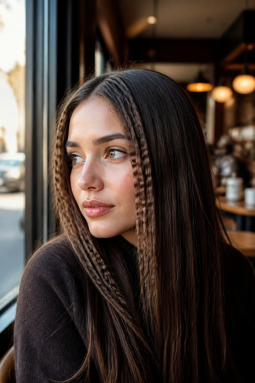 Face-framing crimp strips on real woman's face with smooth rest of hair