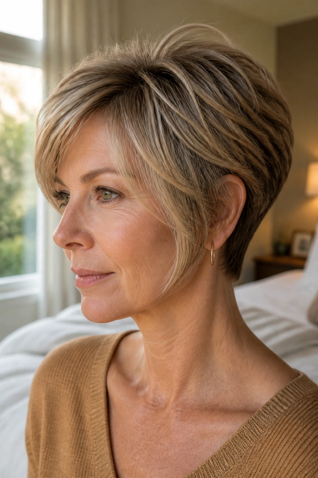 Close-up portrait of a person with a face-framing crop and tapered nape hairstyle