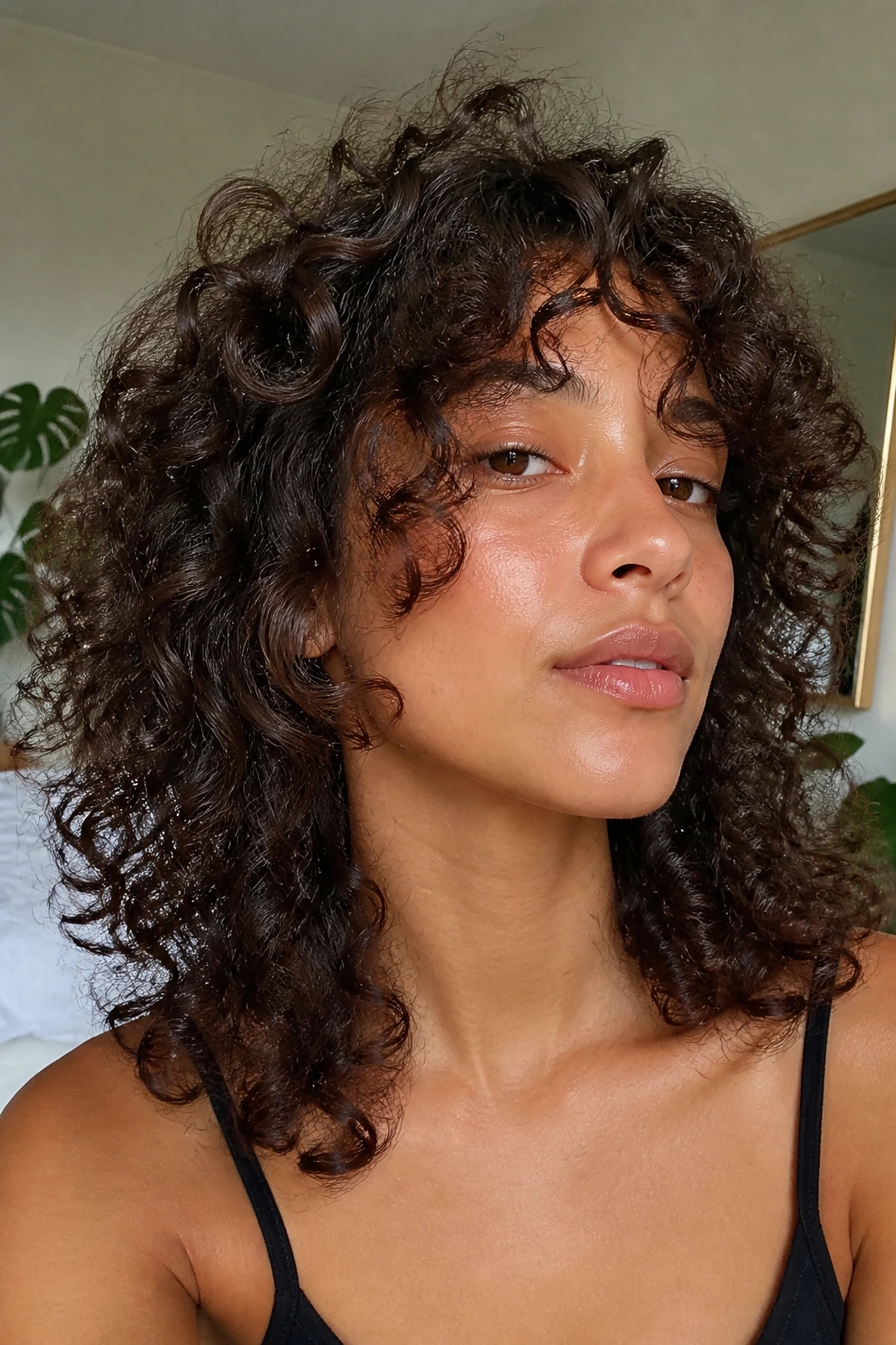 Real person with face-framing layers around cheeks for growing-out bangs