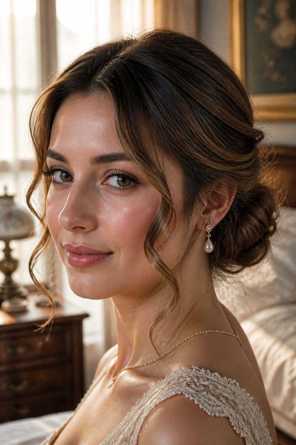 Close-up of a real woman with face-framing curls and a soft chignon
