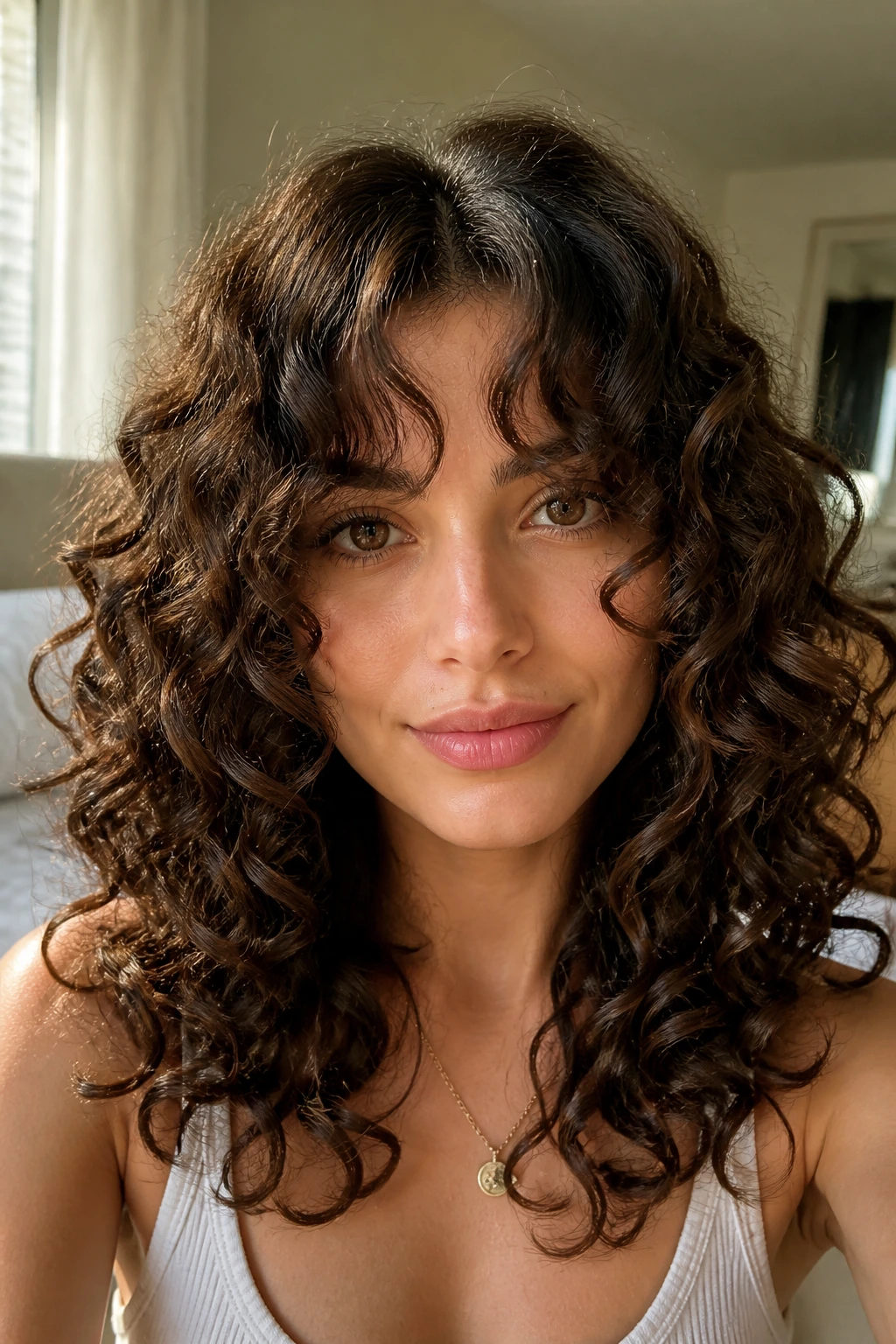 Close-up portrait of a real woman with face-framing curly layers and curtain bangs