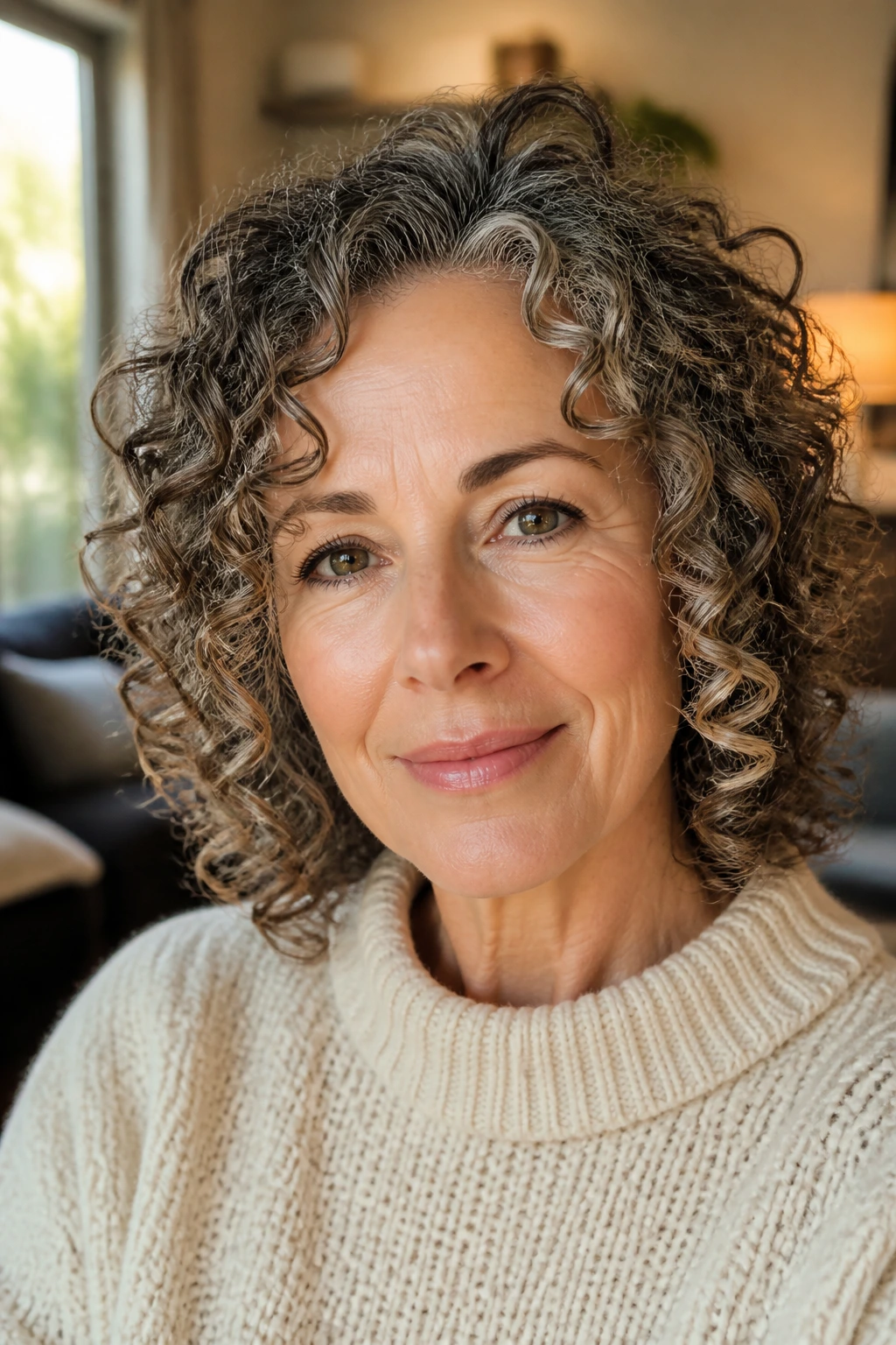 Close-up of a real woman with face-framing spiral curls around cheeks and jaw.