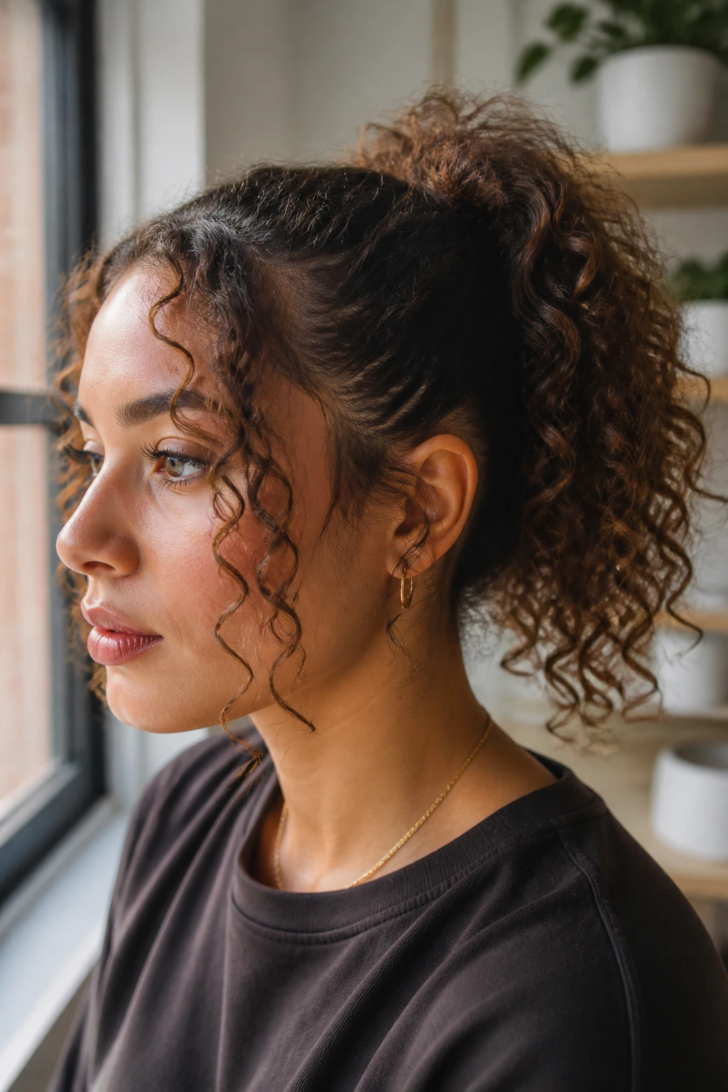 Close-up of a real woman with face-framing curls around the ponytail