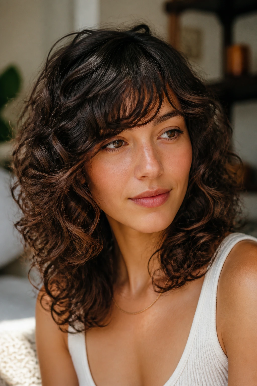 Close-up of a real woman with face-framing curls and side-swept fringe in soft daylight