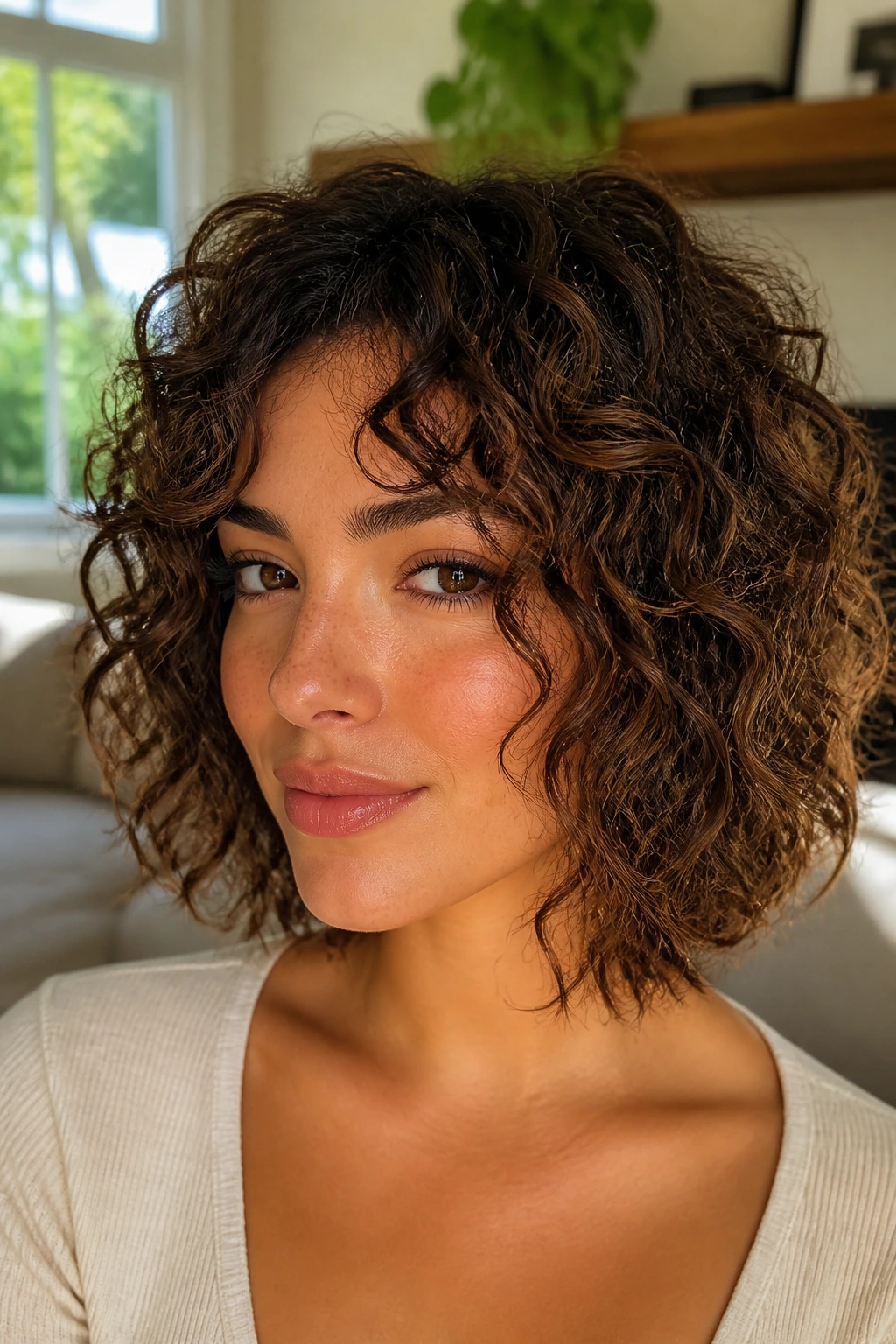 Close-up portrait of a woman with face-framing curly lob in warm window light