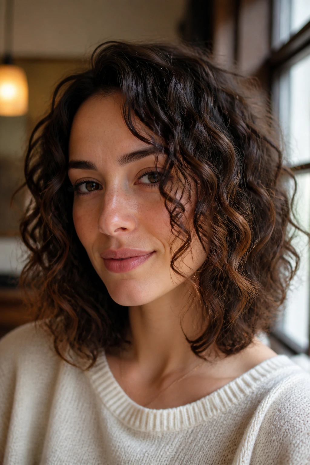 Portrait of real woman with face-framing curly lob framing cheeks and jaw.