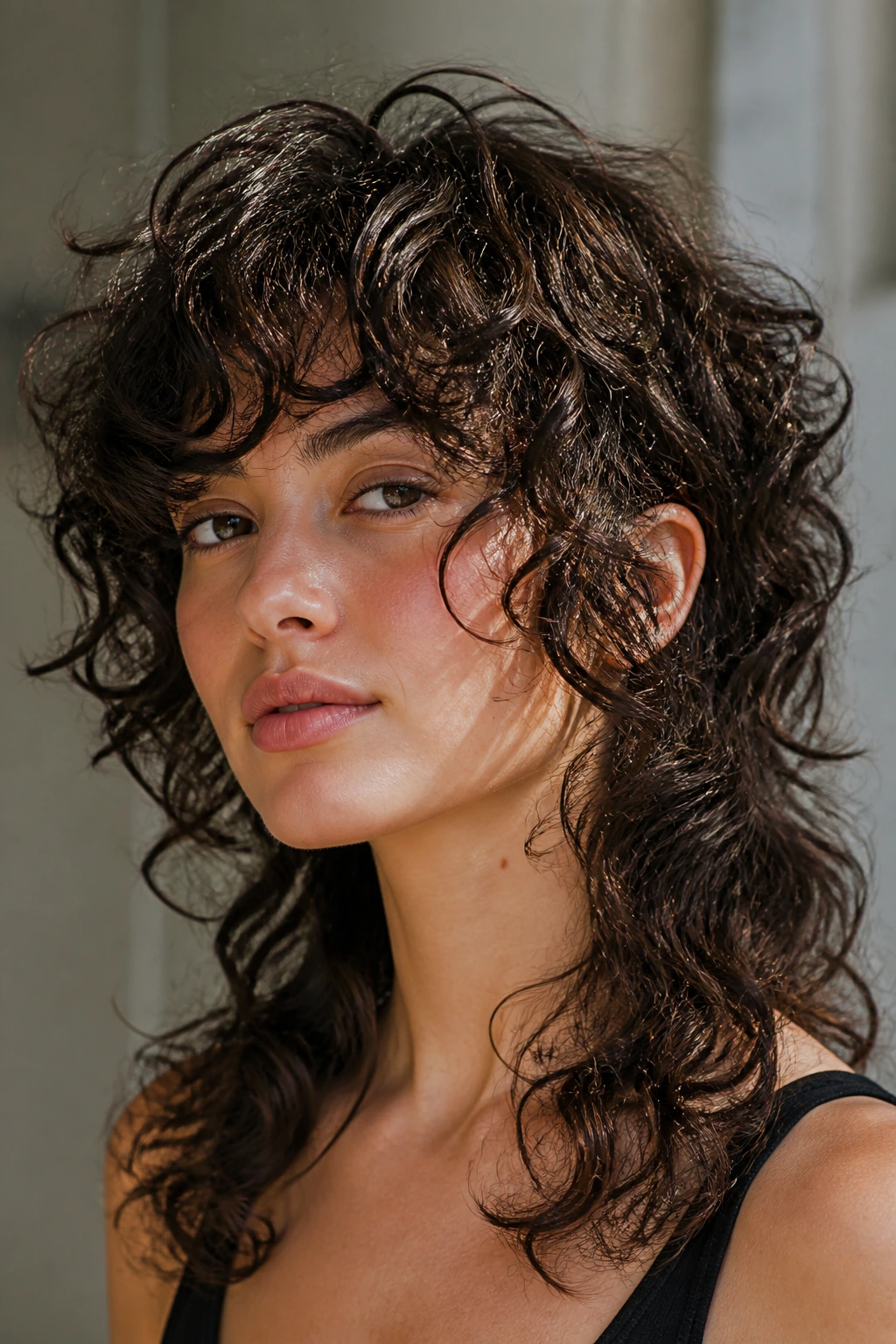 Close-up of real person with face-framing curly mullet
