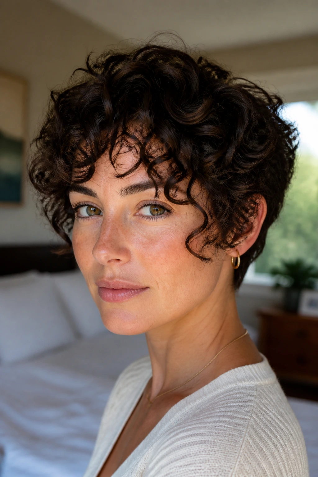 Close-up of a real woman with face-framing curly pixie hairstyle under warm window light