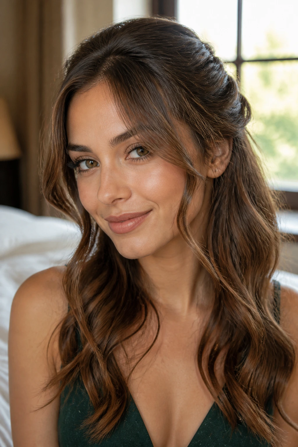 Close-up of a real woman with face-framing curtain bangs and soft waves in natural window light