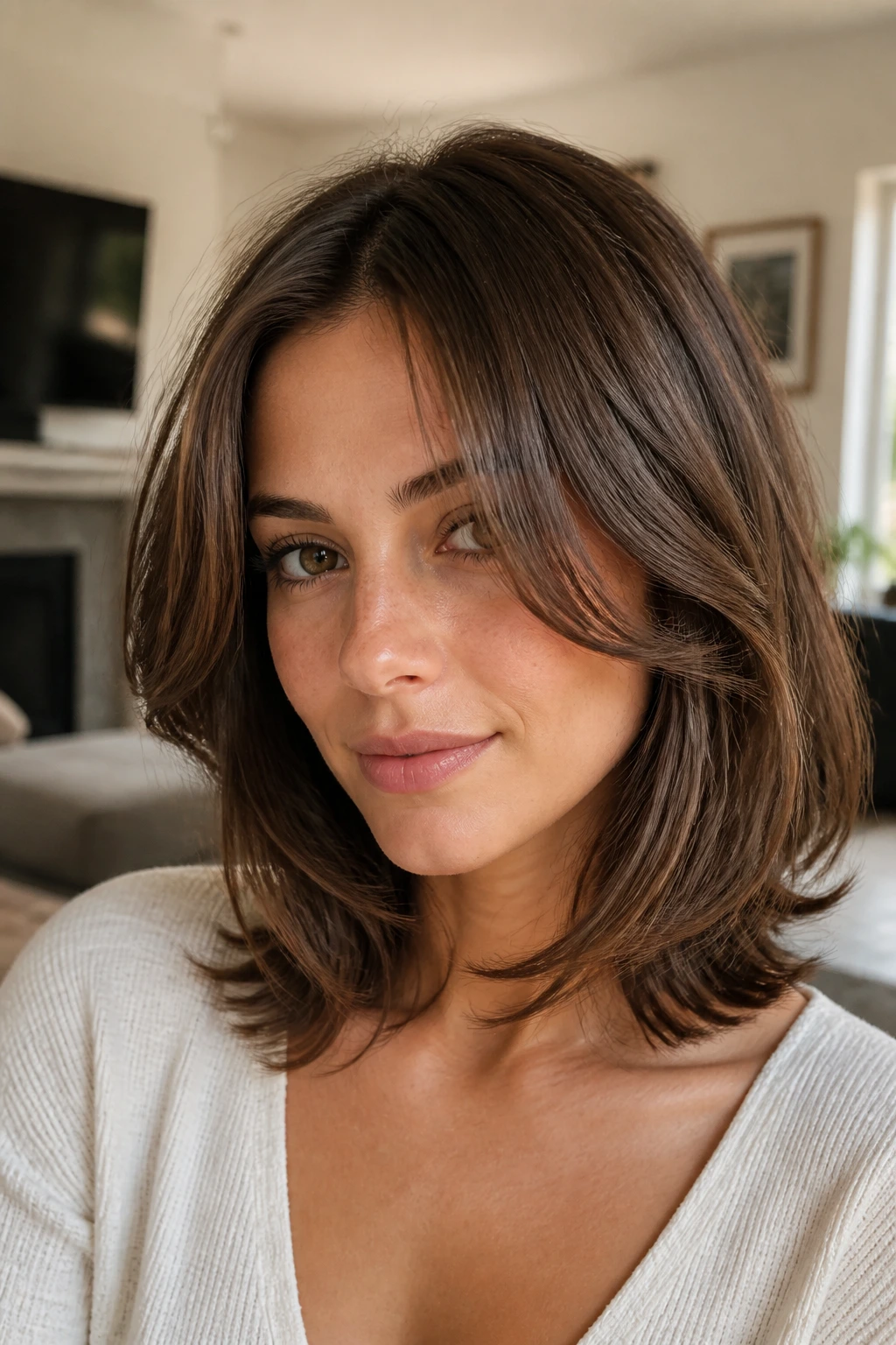 Close-up of real person with face-framing curtain layers around the cheeks
