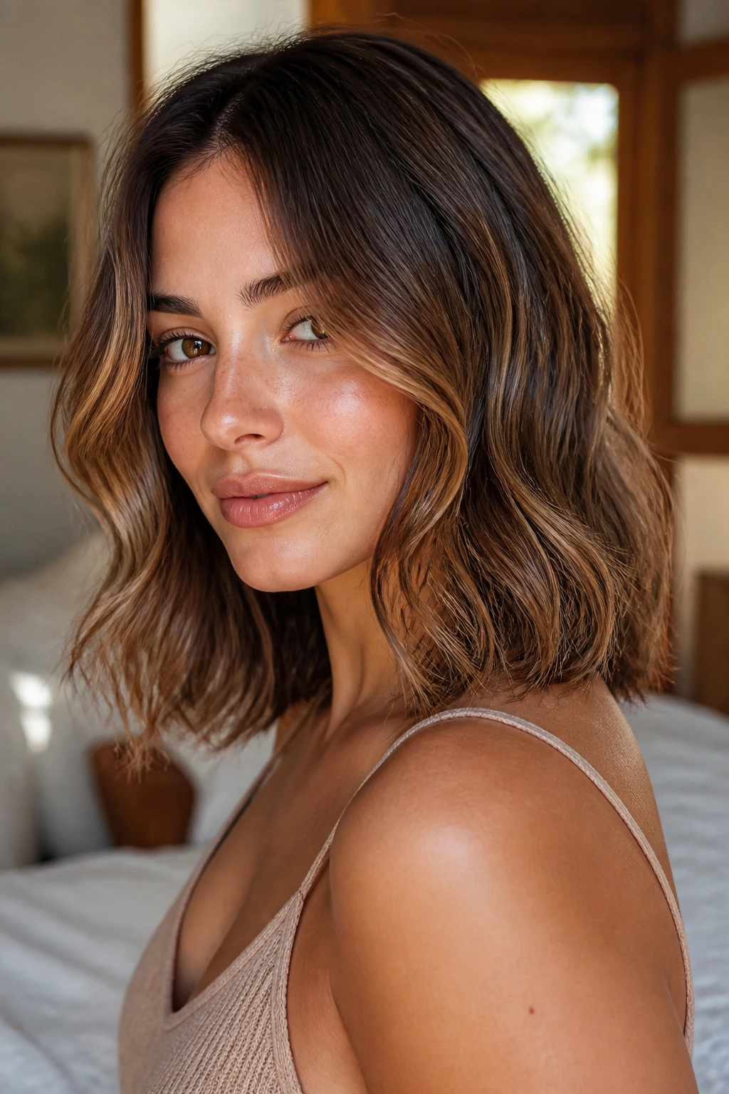 Close-up of a real woman with a face-framing midi cut and soft movement around the jaw.