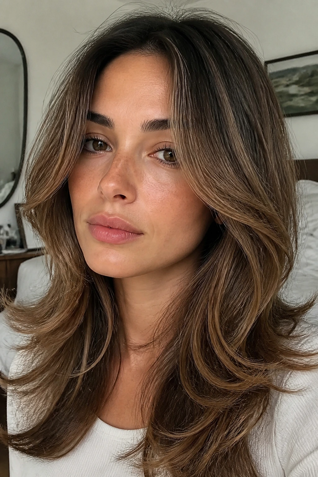 Close-up of a woman with face-framing feathered layers around the face