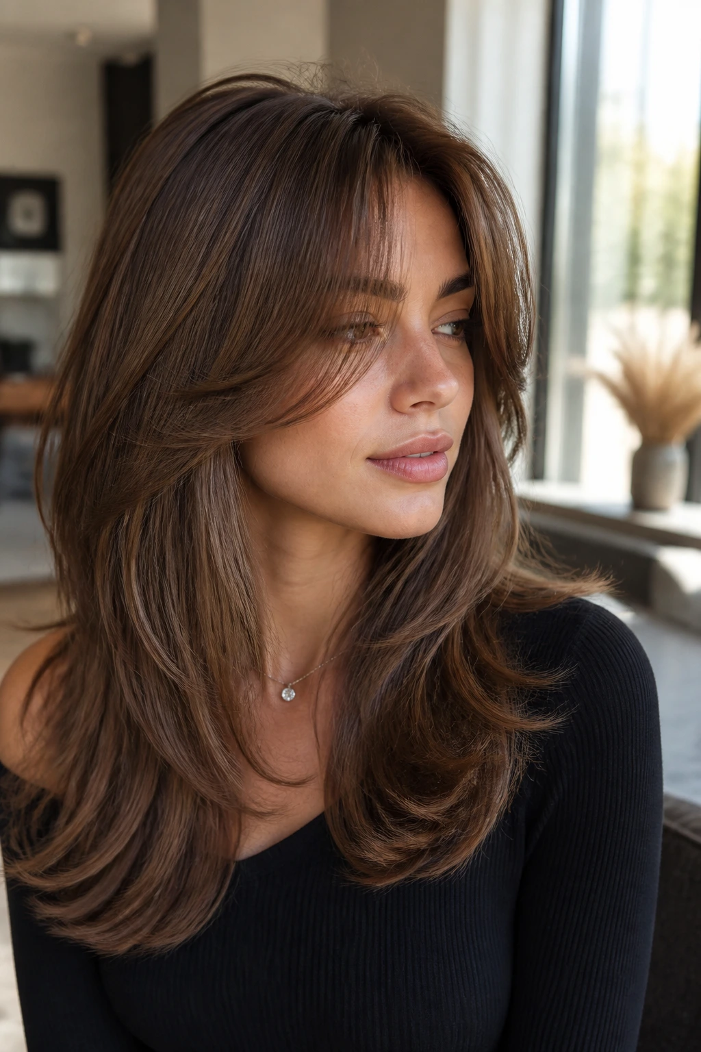 Portrait of a woman with face-framing feathered layers and long curtain bangs