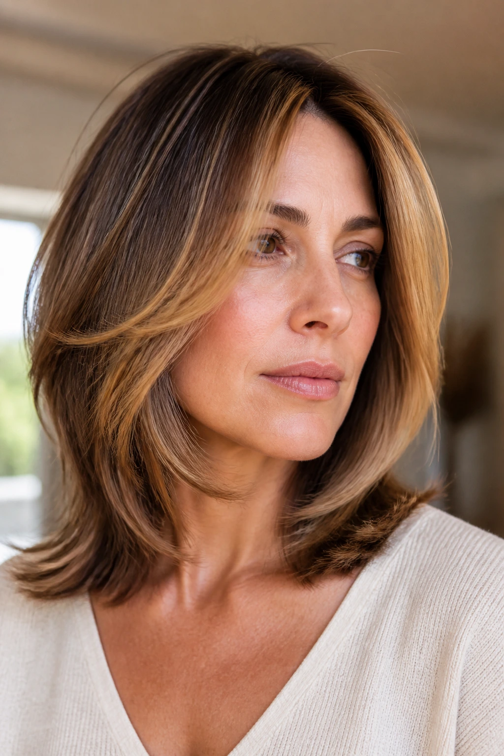 Portrait of a woman with face-framing feathered midi hairstyle