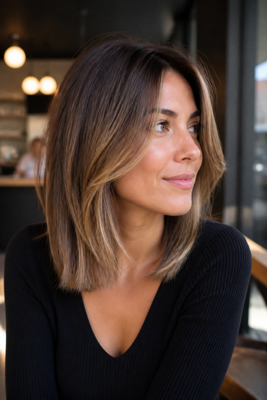 Close-up portrait of a woman with face-frame feathering and minimal blunt layers